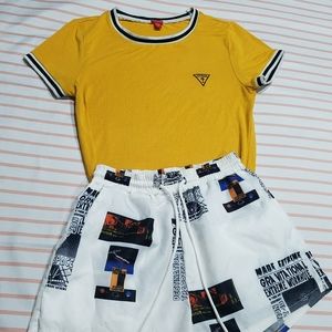 Guess top size S, Shein 5 inch short pant, mix of poly 97% and 3 % spandex